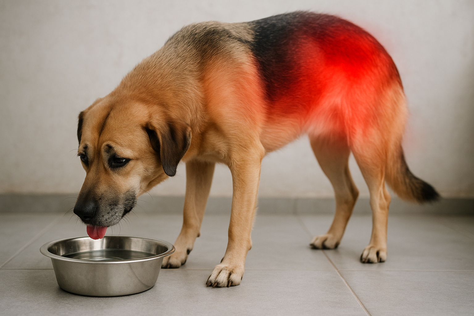 a dog drinking water with pain in his kidneys make a red signal to symbolize the pain