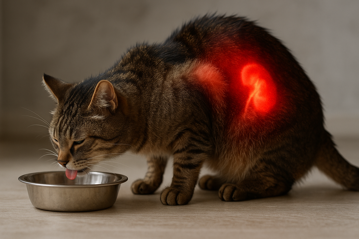 make a realistic image of a cat drinking water from a bowl having pain in his kidneys the pain should be visualized with red